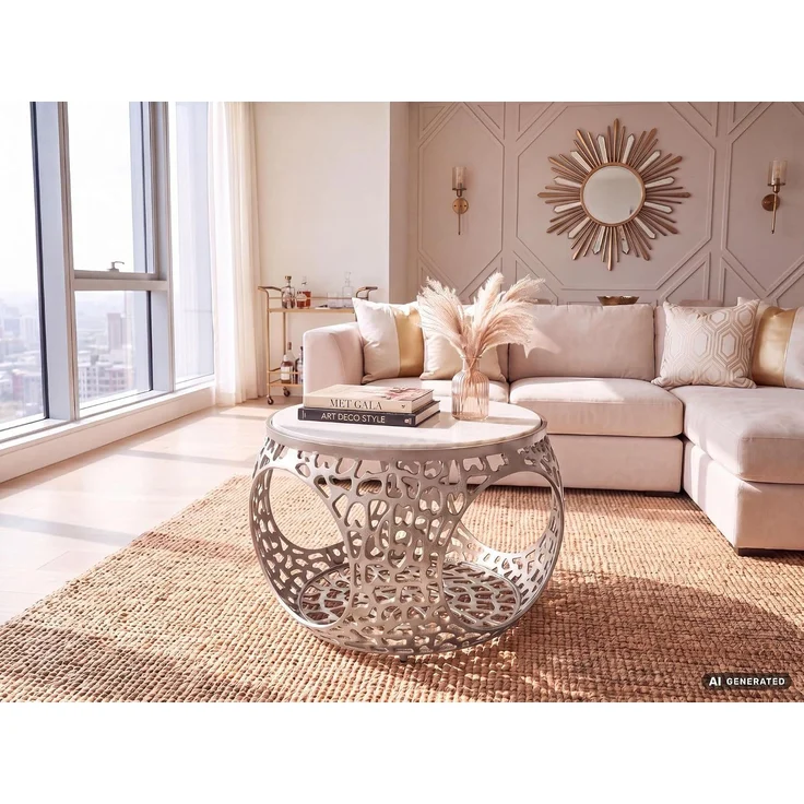 Couchtisch 60cm Aluminium Silber mit weißer Marmor Tischplatte - Runder Wohnzimmertisch mit Stauraum - Design Sofatisch - Moderner Loungetisch - Edler Beistelltisch Wohnzimmer Handgefertigt – Bild 4