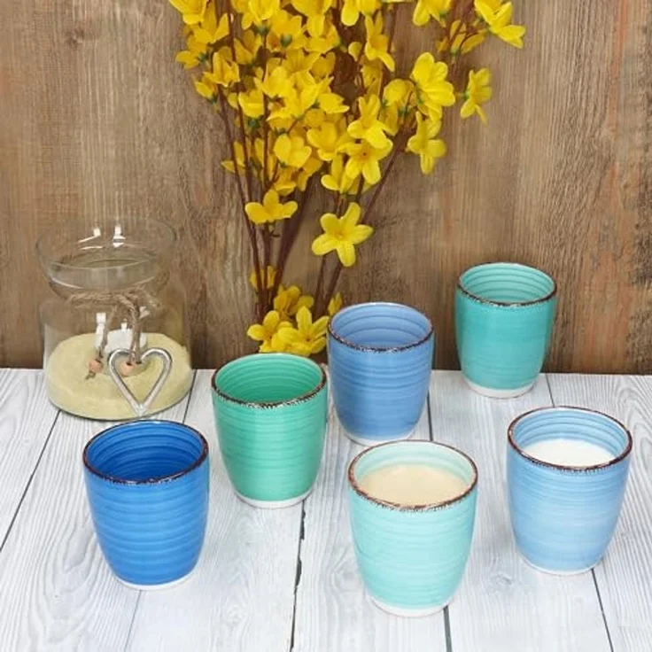 MamboCat Becher 6er Set Blue Mokkabecher ohne Henkel 150ml 6 Personen Matcha Tee Tasse, Steingut – Bild 5