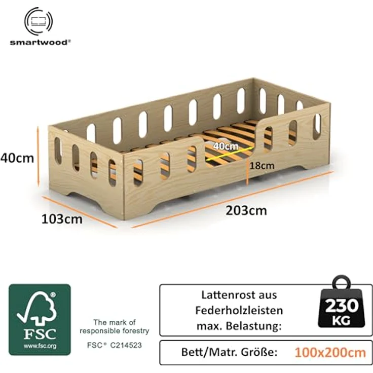 smartwood Kinderbett Bodenbett 100x200 mit Rausfallschutz & Lattenrost - Grün - Kinder Montessori Bett TILA 2 mit glatten Kanten - Betten für schnelle Montage - Bis 230 kg belastbar – Bild 3