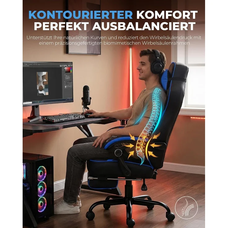 GTPLAYER Gaming Stuhl mit Fußstütze, Ergonomischer Bürostuhl 180kg, Schwerlast Gaming Sessel mit Lendenwirbelstütze und Kopfstütze, Höhenverstellbarer Computerstuhl, Gepolstert, neigbare 155°, BLAU – Bild 6
