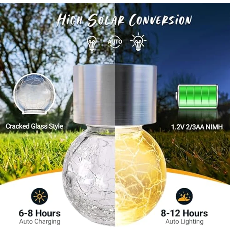 GIGALUMI 12 Stück Solar-Außenleuchten, Solar-Hängeleuchten für Weihnachtsdekoration, rissiges Glas, Solarleuchten für den Außenbereich, wasserdicht für Garten, Hof, Zaun, Baum (warmweiß) – Bild 6