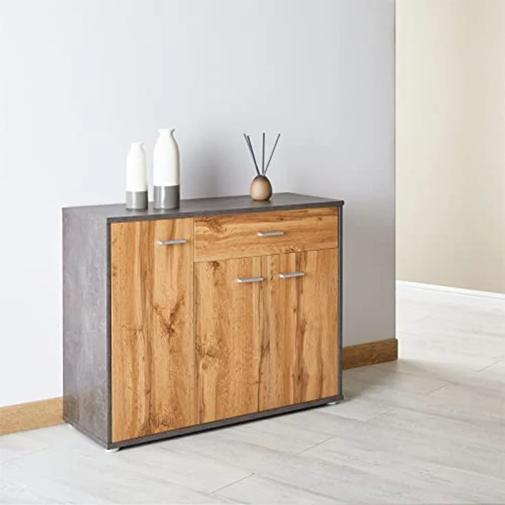 CARO-Möbel Schuhschrank DEUSTO Schmale Flurkommode mit Schublade und 3 Türen betonoptik/eiche – Bild 2