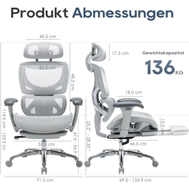 COLAMY Ergonomischer Bürostuhl mit Fußstütze, 3D-Armlehnen, Kopfstütze, Lendenwirbelstütze & Atmungsaktives Mesh – Schreibtischstuhl für Büro & Home Office, Grau – Bild 4