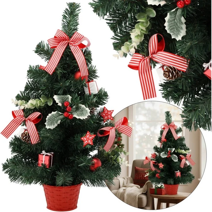 Sarcia. eu Künstlicher Weihnachtsbaum Künstlicher Weihnachtsbaum 60 cm rot mit Stechpalmen geschmückt, klein – Bild 5