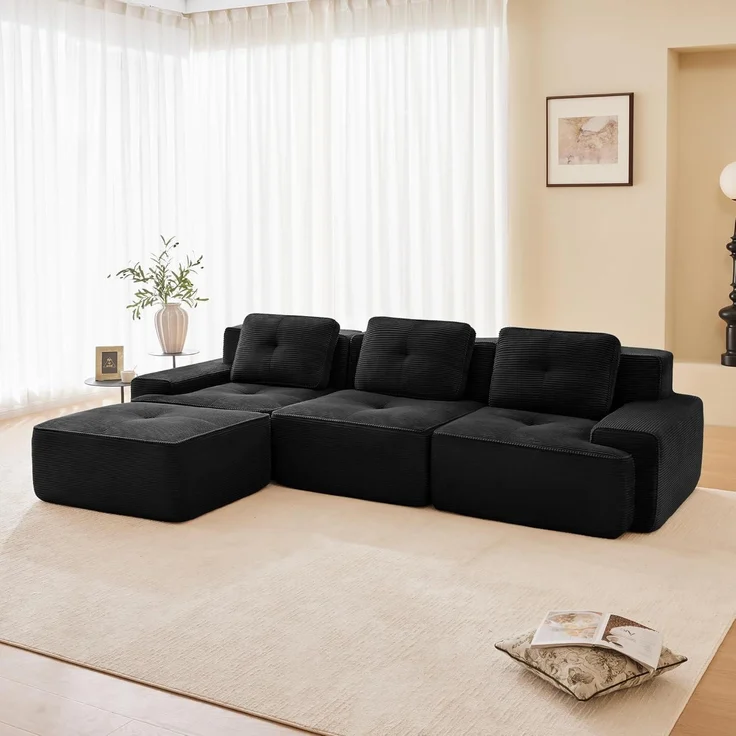 Sofa Ecksofa modular montagefrei Schwarz 3-Sitzer-Sofa + 1 Hockern – Bild 3