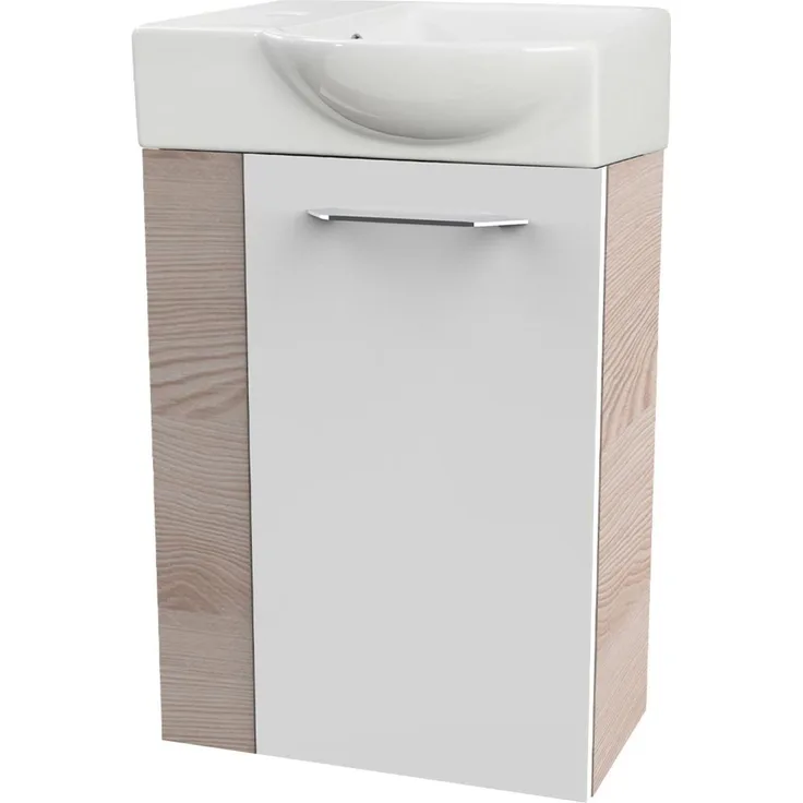 FACKELMANN SBC B.CLEVER Gäste WC Waschtisch Set 45 cm breit, Weiß/Braun hell, Waschbecken Keramik Weiß, Türanschlag rechts