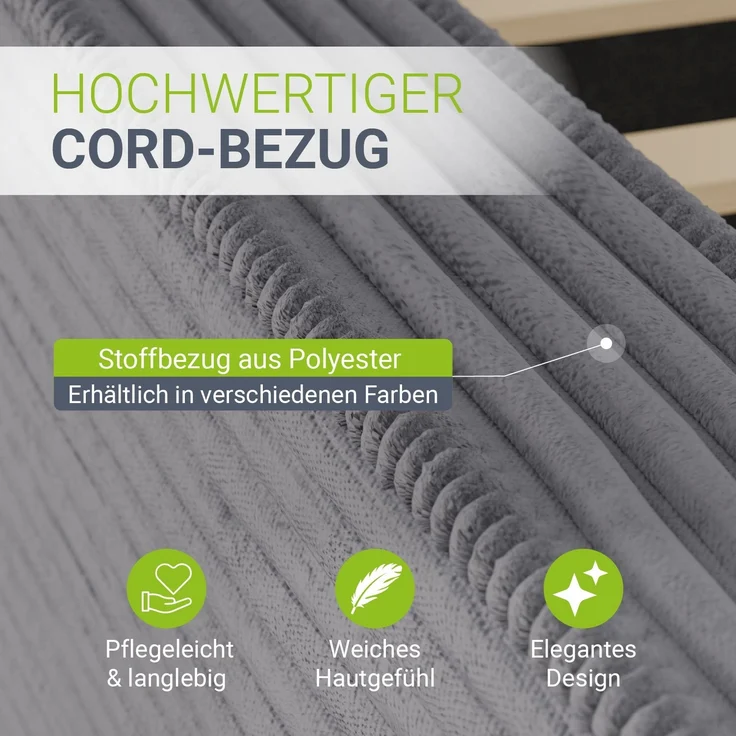 Juskys Polsterbett Salerno 140 x 200 cm – Cord Grau, modernes Bett mit Kopf- & Fußteil, stabilem Holz- & Metallrahmen, Lattenrost, 500 kg Tragkraft – Bild 4