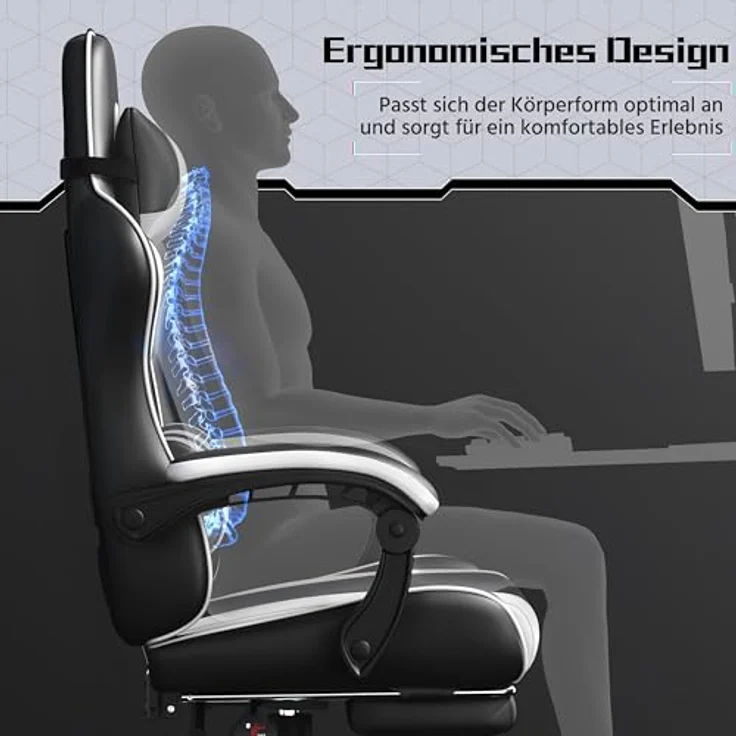 Yaheetech Gaming Stuhl Ergonomischer Gamer Stuhl mit Massagefunktion Computerstuhl mit Fußstütze Bürostuhl 90-135° Rückenlehne verstellbar Gaming Sessel PC Stuhl Weiß – Bild 10
