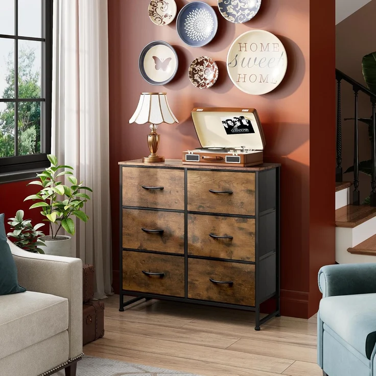 WLIVE Kommode mit 6 Schubladen aus Stoff, Kommodenschrank für Schlafzimmer, Kommode Wohnzimmer, mit Stabiler Stahlrahmen, Holzplatte, Vintagebraun-Schwarz – Bild 2