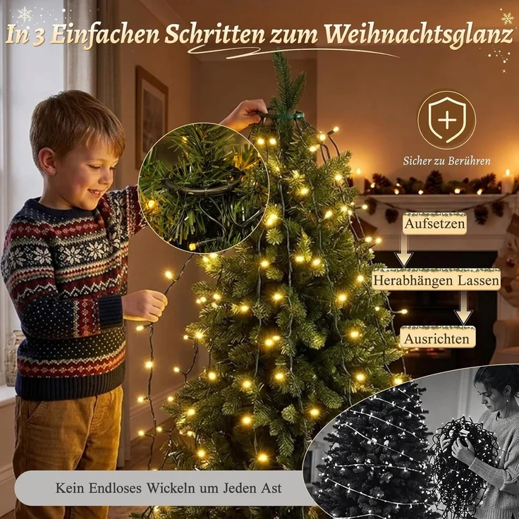 SALCAR 1,5m Weihnachtsbaum Lichterkette mit Ring und 8 Girlanden, 200er LED – Bild 5
