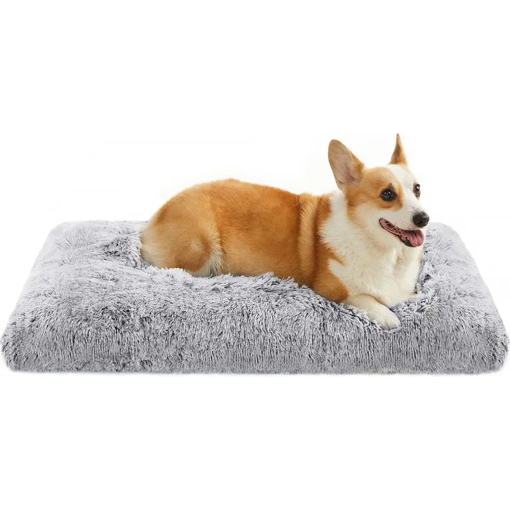 Feandrea Hundebett, Hundekissen, Flauschige Hundematte, Langer Plüsch, 95x60 cm, weiche Polsterung, maschinenwaschbar, Hundekorb, multifunktional, tragbar, hellgrau PGW202G01