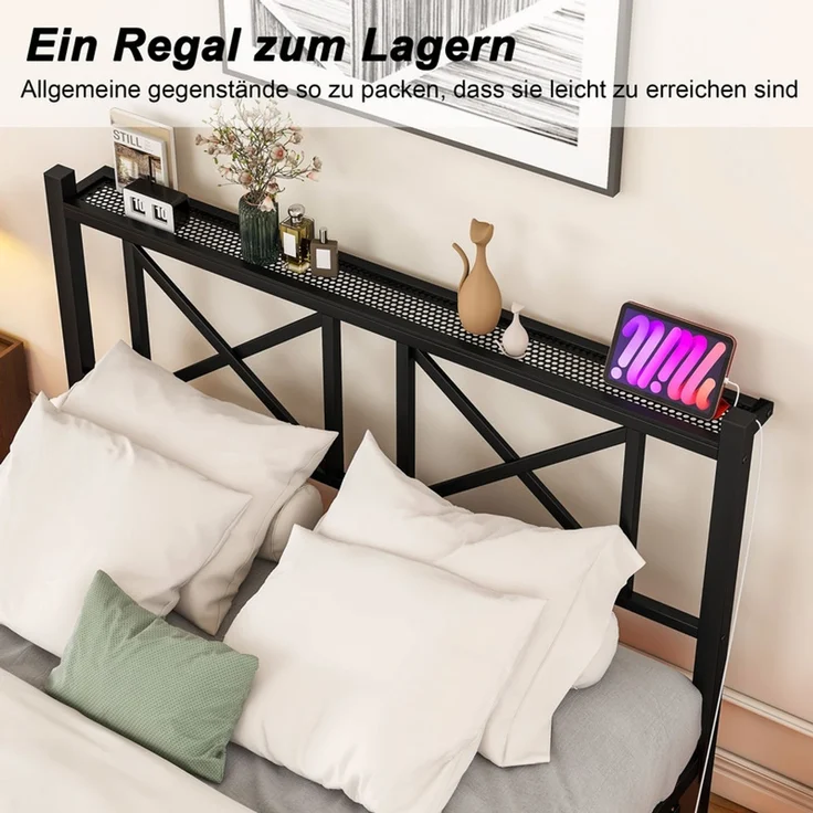 Homerecommend Schwebebett 120x200 cm, Bettrahmen mit LED-Beleuchtung, Steckdose und 2 USB-Anschlüssen, Vintage Schwarz – Bild 6