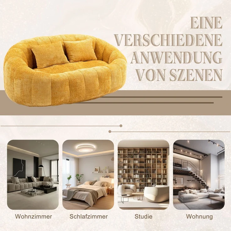 Wohnora-Sitzsack-Sofa, bequemes und strapazierfähiges Sofa mit hoher Rückenlehne für Erwachsene und Kinder, für drinnen und draußen, weicher Lounge-Sessel (gelbes Chenille), H 63 cm x T 145 cm x B 95 cm, Gelb – Bild 4
