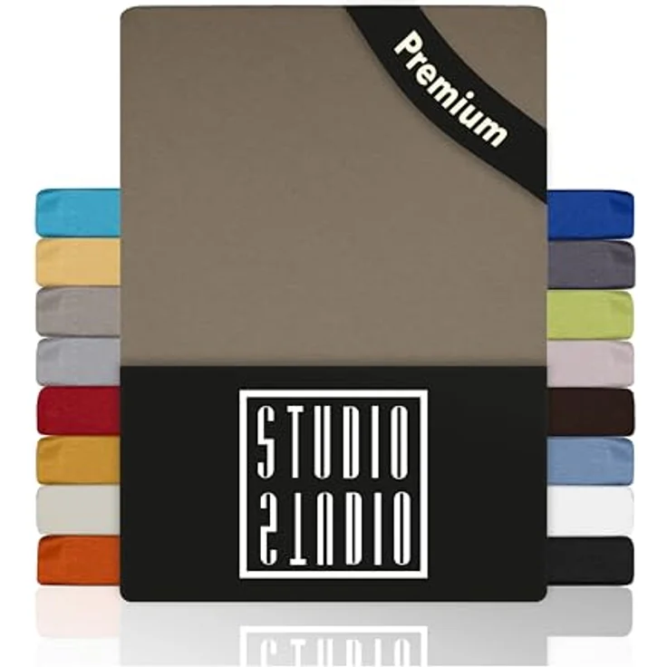 STUDIO Premium Spannbettlaken 140x200cm bis 160x220cm, Jersey-Spannbetttuch aus 97% Baumwolle & 3% Elastan, Taupe, bügelfrei für Matratzen 15-35cm – Bild 1