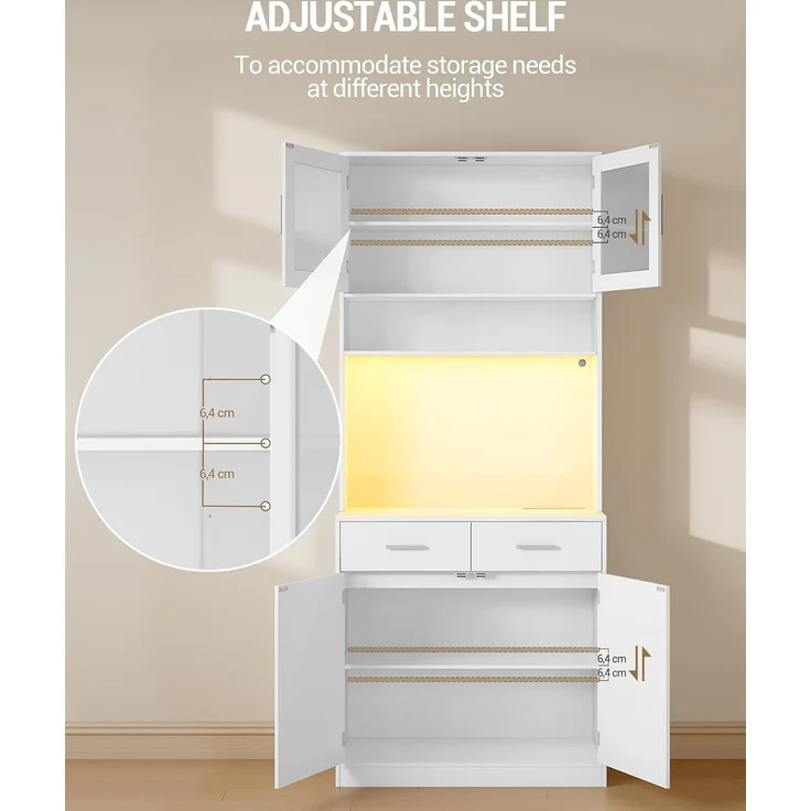 Buffetschrank, Küchenschrank mit 2 Schubladen, Hochschrank mit Steckdosenleiste und LED-Beleuchtung, 2 Schranktüren mit Glasfront, Küche, Wohnzimmer, 40 x 80 x 190 cm, Weiß – Bild 8