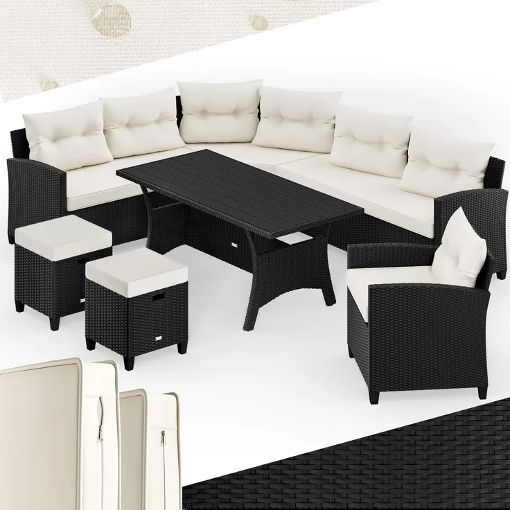 CASARIA® XXL Polyrattan Sitzgruppe Lounge Set WPC Garten Tisch Schwarz