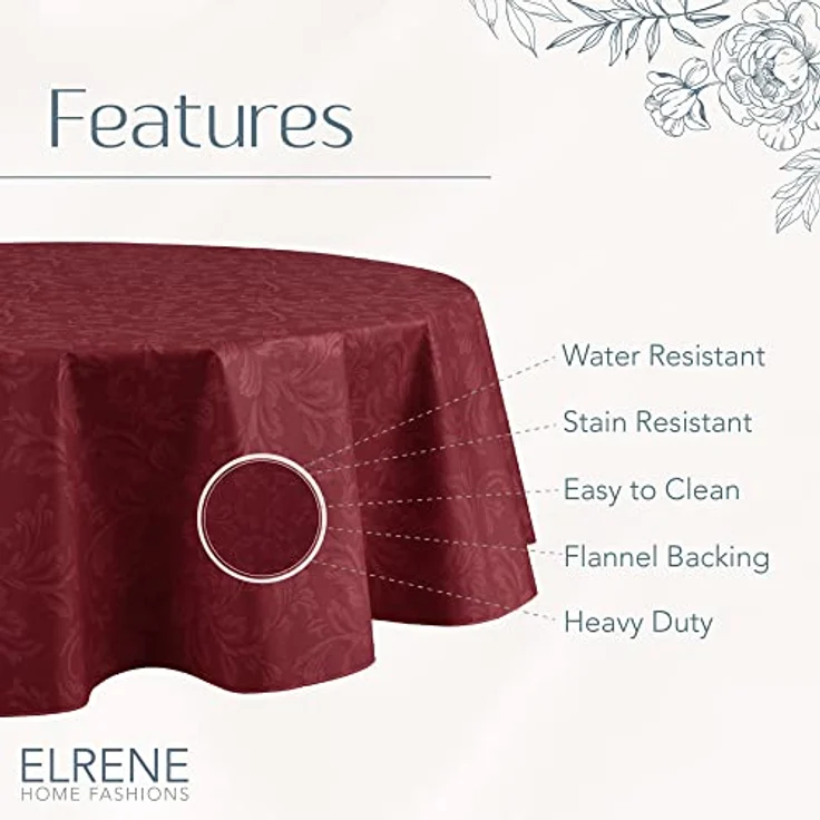 Elrene Home Fashions Camile Vinyl-Tischdecke mit Blumenmuster, Wasser- und schmutzabweisend, für drinnen und draußen, mit Flanell-Rückseite, 152,4 x 213,4 cm, oval, Ziegelstein – Bild 4