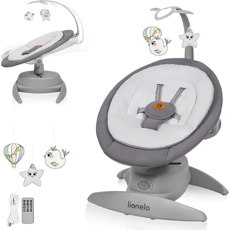 Lionelo MELL Elektrische Babywippe mit 360o Drehung für Babys bis 9 kg Verstellbare Rückenlehne 5 Schaukelgeschwindigkeiten Bewegungserkennung Sitzgurte 12 Melodien Spielzeugbügel Fernbedienung