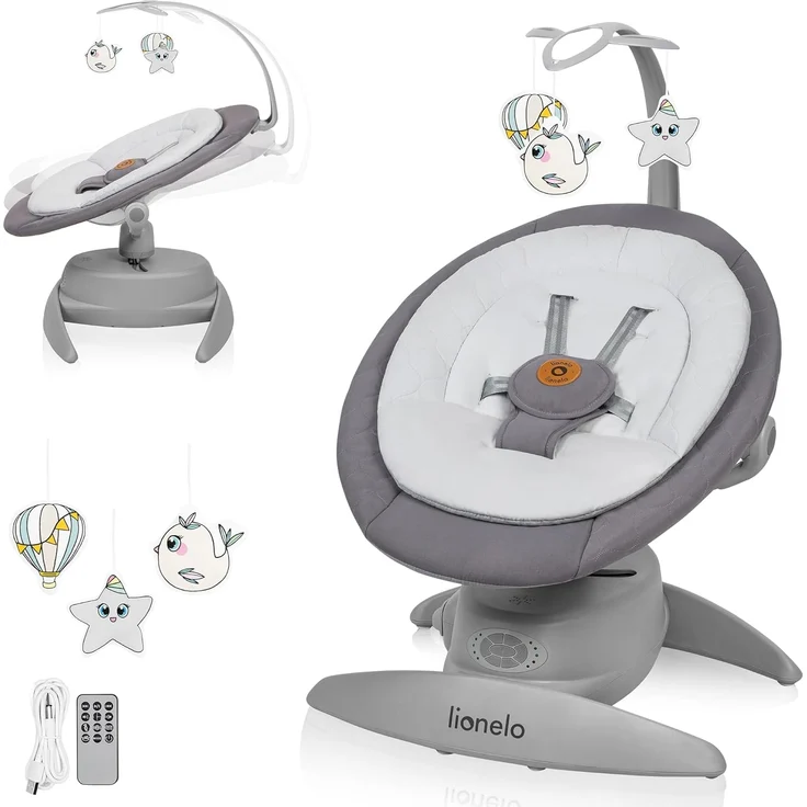 Lionelo MELL Elektrische Babywippe mit 360o Drehung für Babys bis 9 kg Verstellbare Rückenlehne 5 Schaukelgeschwindigkeiten Bewegungserkennung Sitzgurte 12 Melodien Spielzeugbügel Fernbedienung