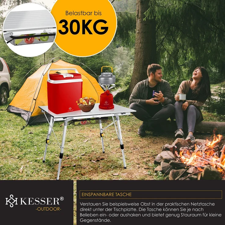 KESSER® Campingtisch faltbar Klapptisch mit Aluminiumrahmen Aufrollbare Tischplatte Falttisch klappbar höhenverstellbar inkl. Tragetasche mit Trageband & Netztasche Silber – Bild 5