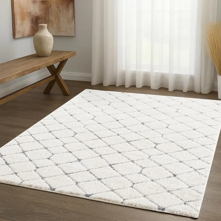 Teppich Wohnzimmer Hochflor - Boho - Pastell Creme Grau - 120x170cm - Raute Muster - Skandinavisch Flauschig Weich - Wohnteppich Schlafzimmer Dekoration
