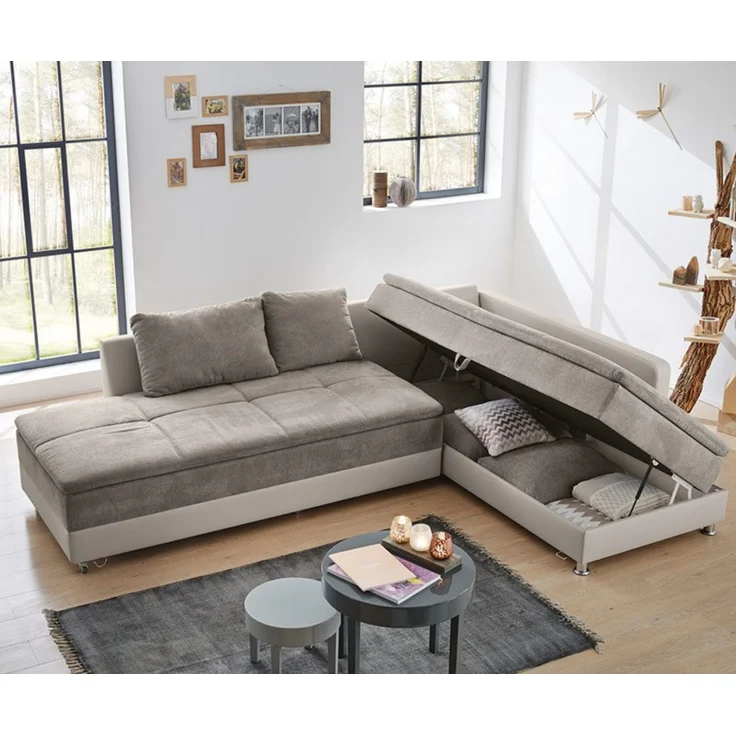 Ecksofa-Dauerschläfer Doppelbett Federkern Bettkasten Couch in Graubraun Beige – Bild 3