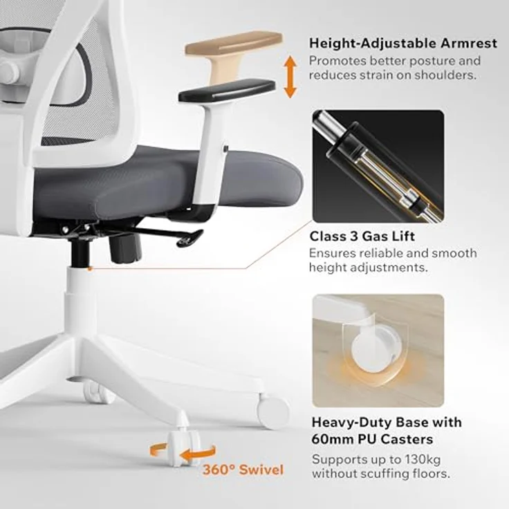SENSE7 Bürostuhl Ergonomisch - FlowTech™ Schreibtischstuhl mit Verstellbarer Lordosenstütze & Kopfstütze für Arbeitstage - Atmungsaktives Mesh Ergonomischer Bürostuhl bis 150kg – Tone Weiß-Grau – Bild 6