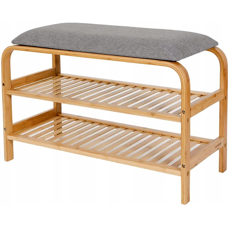 AD. CON Bambus Schuhregal, Schuhregal aus Bambus mit Sitzbank, Schuhbank mit Sitzkissen, Sitzbank 70x30x46 cm Grau – Bild 1