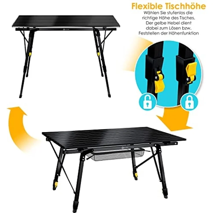 KESSER® Campingtisch faltbar Klapptisch mit Aluminiumrahmen Aufrollbare Tischplatte Falttisch klappbar höhenverstellbar inkl. Tragetasche mit Trageband & Netztasche Schwarz – Bild 3