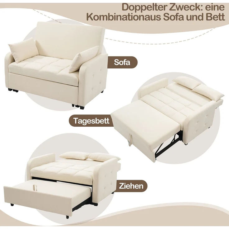 Klappsofa Schlafsofa ausziehbar Baumwoll-Leinen verstellbare Rückenlehne Gästebett Multifunktion Sofa-Bett,Beige – Bild 5