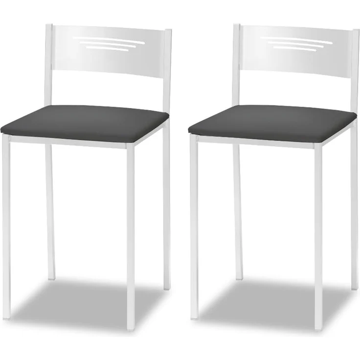 ASTIMESA - Gepolsterter Küchenhocker mit Rückenlehne - Solide und Feste Struktur - Gestell in Weiß und Sitzfläche aus Kunstleder - Sitzfarbe: Graphit, Inhalt: 2 Stück, Maße: 35 x 35 x 64 cm