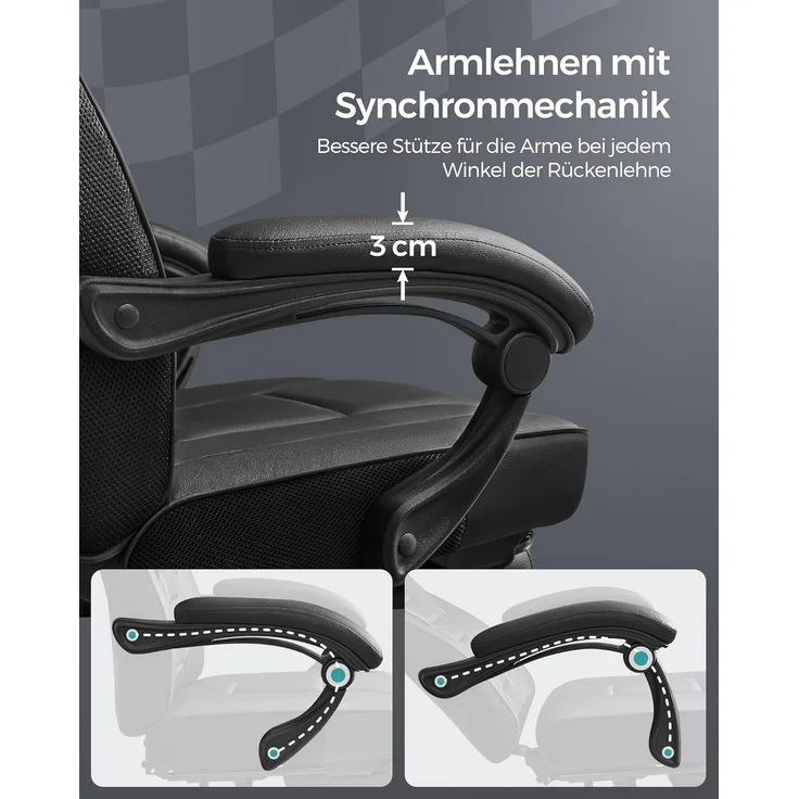 Songmics Bürostuhl, Schreibtischstuhl, ausziehbare Fußstütze, Kopfkissen, Lendenkissen, höhenverstellbar, ergonomisch, neigbare Rückenlehne, bis 150 kg belastbar, tintenschwarz OBG073B05 – Bild 6