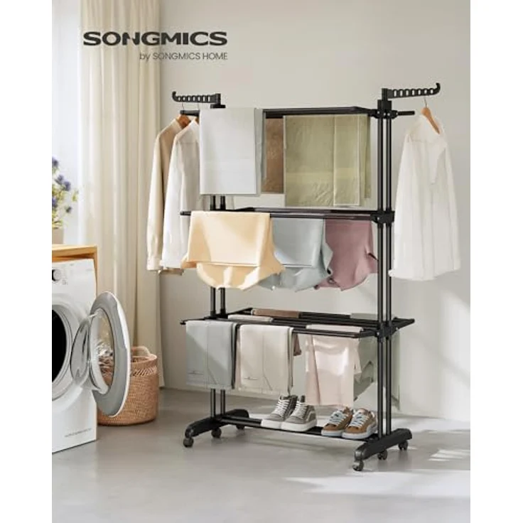SONGMICS Wäscheständer, Standtrockner 4 Ebenen, Flügelwäscheständer, klappbare Flügel, mit Rollen, 63,5 x 125,5 x 173 cm, groß, einfacher Aufbau, tintenschwarz LLR703BZ02 – Bild 3