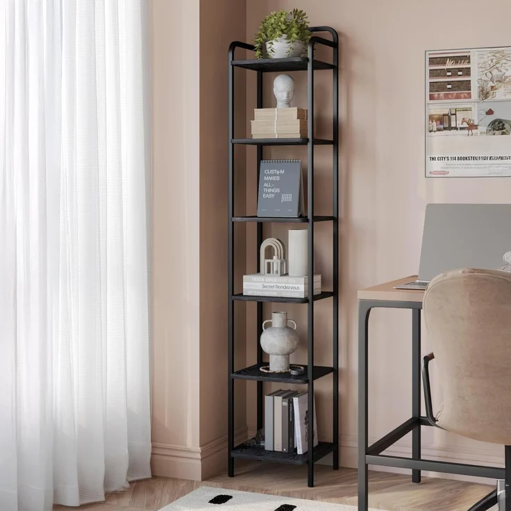 Bücherregal, Regal, Standregal, Schmales Bücherregal, Industrielles Eckregal, Schlankes Regal für Heimbüro, Wohnzimmer, Schlafzimmer, Küche, 6 Ebenen Schwarz – Bild 1
