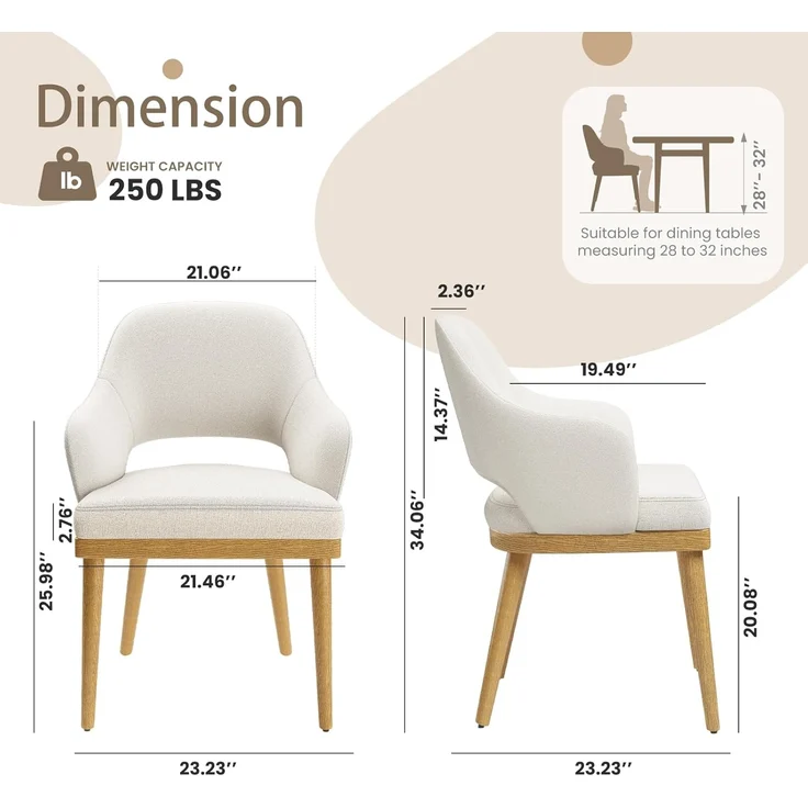 COLAMY Esszimmerstühle 2er Set, Moderne Polsterstühle für das Esszimmer, Küchenseitenstühle, Landhaus-Esszimmerstühle mit offener Rückenlehne für die Küche, Beige – Bild 8