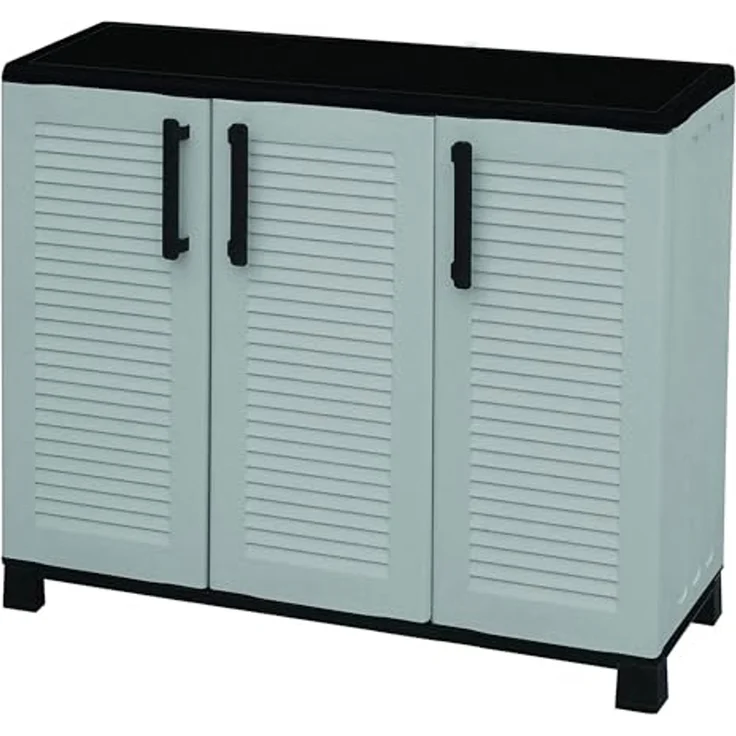 Dmora - Outdoor-Garderobe aus Fell, Mehrzweck-Balkongarderobe, 3-türiger Outdoor-Schrank, 100% Made in Italy, 102 x 37 x 90 cm, Hellgrau und Schwarz, gestreifte Oberfläche – Bild 4
