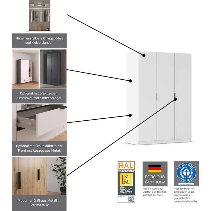 Rauch Möbel Lagoa, Kleiderschrank, Garderobe für Schlafzimmer, Kinderzimmer, Jugendzimmer 8-türig,mit Spiegel, 4 Schubladen, mit Zubehör Premium, Farbe Weiß, Breite 181 – Bild 4