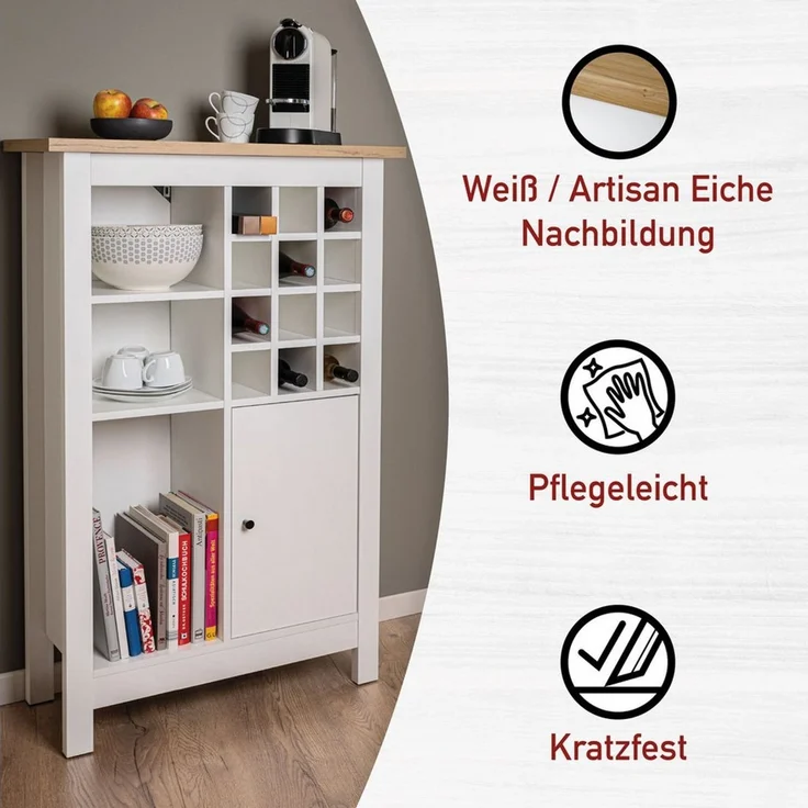 Inter Link- Sideboard für 12 Flaschen mit 3 Regalböden und 1 Tür – Weinschranck - Highboard - Küchenschrank - Buffetschrank – für Weinlagerung - Artisan Eiche Weiß - Julina – Bild 4