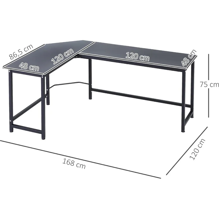 Vinsetto Eckschreibtisch höhenverstellbarer Schreibtisch (PC-Tisch, 1-St, Computertisch), Metall Schwarz 168 x 120 x 75 cm – Bild 3