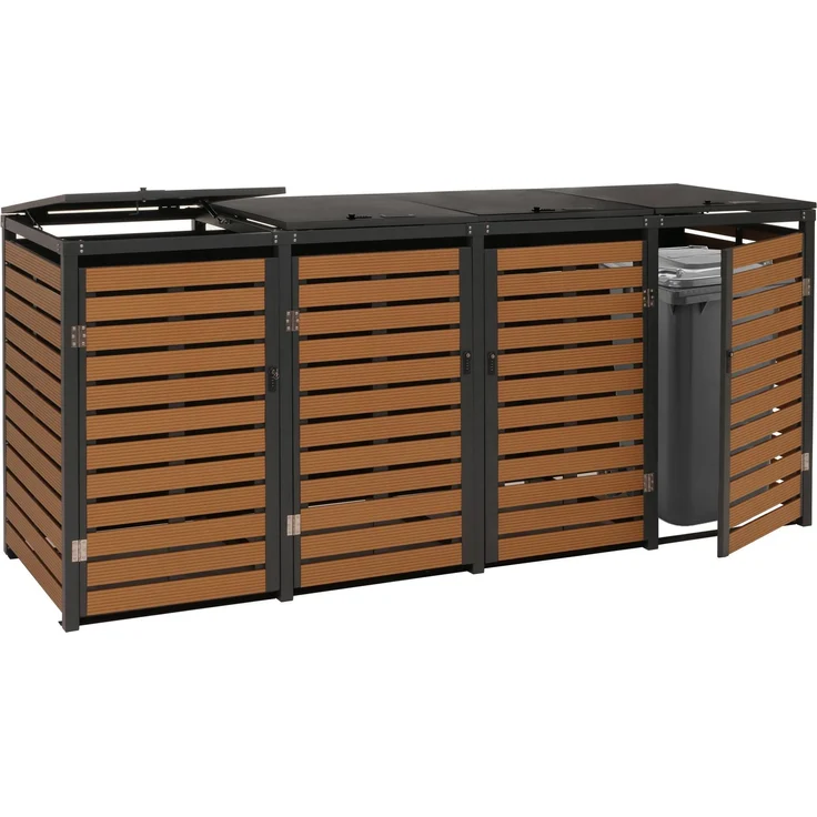 4er Mülltonnenverkleidung HWC-K14, Mülltonnenbox Mülltonnenabdeckung, 119x264x84cm WPC Metall 130kg ~ Teak-Optik – Bild 1