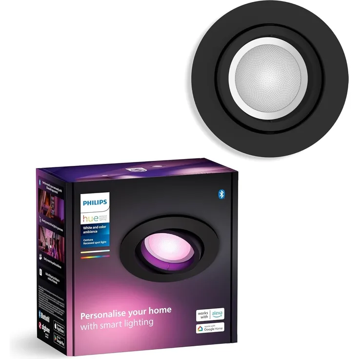 Philips Hue White & Color Ambiance Centura runde Einbauspots 1er Pack (1.050 lm), dimmbare Deckenlampen mit 16 Mio. Farben, smarte Lichtsteuerung über Sprache und App, schwarz, neue Generation