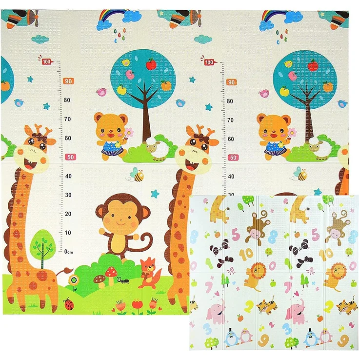 Krabbelmatte Spielmatte Baby Schadstofffrei 198 x 178 x 1 cm Faltbar Spielunterlage Spielteppich Groß Rutschfest Beidseitig Tragbar Wasserdicht für Innen Außen Bunt - Zahlen & Tiere - 5A