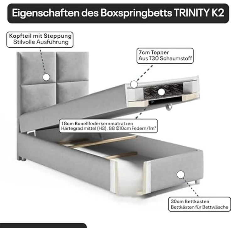 Best for Home Boxspringbett K2 SINGLE mit Bettkasten, Bonellmatratze & Komfort-Topper H3 (Einzelbett, Hotelbett, Polsterbett gepolstertes Kopfteil, Jugendbett, Kinderbett versch. Größen, 70x200 80x200 90x200 100x200 cm), verschiedene Liefermöglichkeite... – Bild 5