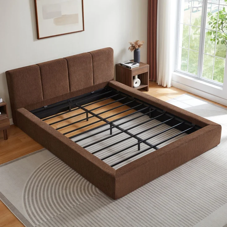 LVHOM Polsterbett 160 x 200cm, Doppelbett mit gepolstertem Kopfteil, Bettgestell mit verstärktem Stahlrahmen, Chenille, Braun – Bild 2