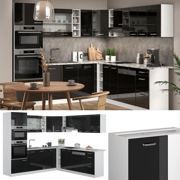 Eckküche R-Line Schwarz Hochglanz/Weiß 247 x 237 cm, AP Marmor Vicco – Bild 2