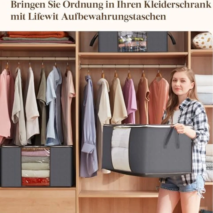 Lifewit 3 Stück 90L Große Aufbewahrungstasche Schrank Organizer Set, Faltbar Kleideraufbewahrung mit verstärkt Griff, stabilem Reißverschluss für Kleidung, Bettwäsche, Bettdecken, Steppdecke, Kissen – Bild 11