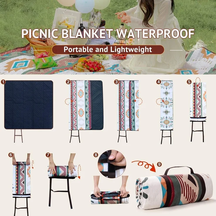 LARUTAN Picknickdecke 200x200cm Boho Stranddecke Sandfrei Grün – Bild 8