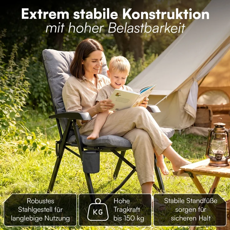 STEELSØN 'Hoggar' Campingstuhl faltbar mit Seitentasche und Getränkehalter, grau, bis 150 kg, gepolsterter Campingstuhl – Bild 5