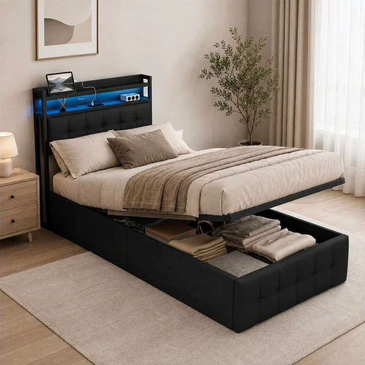 Simurq Stauraumbett Polsterbett 90x200 mit Stauraum, Einzelbett mit Gasdruckfeder (RGB LED, USB & Type-C Anschluss, Stauraum-Kopfteil), Stauraumbett, Bett mit Bettkasten, modernes Einzelbett – Bild 1