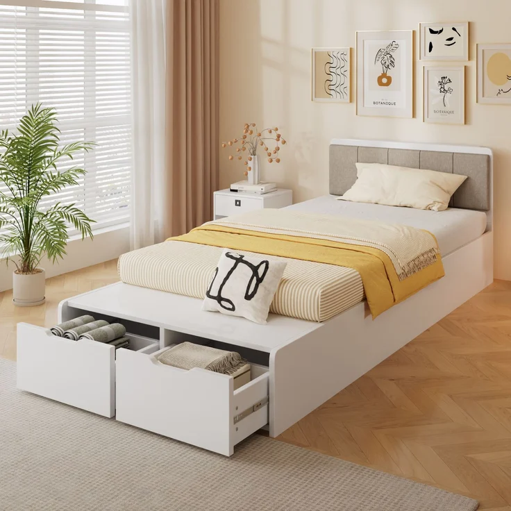 Holzbett 90×200 cm mit 2 Schubladen und gepolstertem Kopfteil, Weiß, ohne Matratze – Bild 8